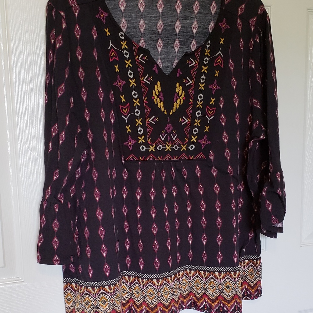 Black Boho Tribal Print Peasant Blouse SZ 2X